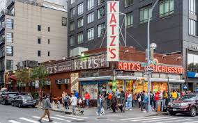 A towering pastrami sandwich from Katz's Deli