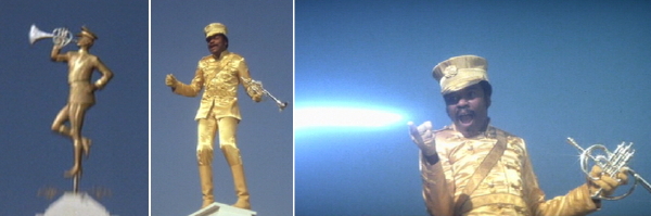 Billy Preston in a golden suit as a weathervane and magic powers.