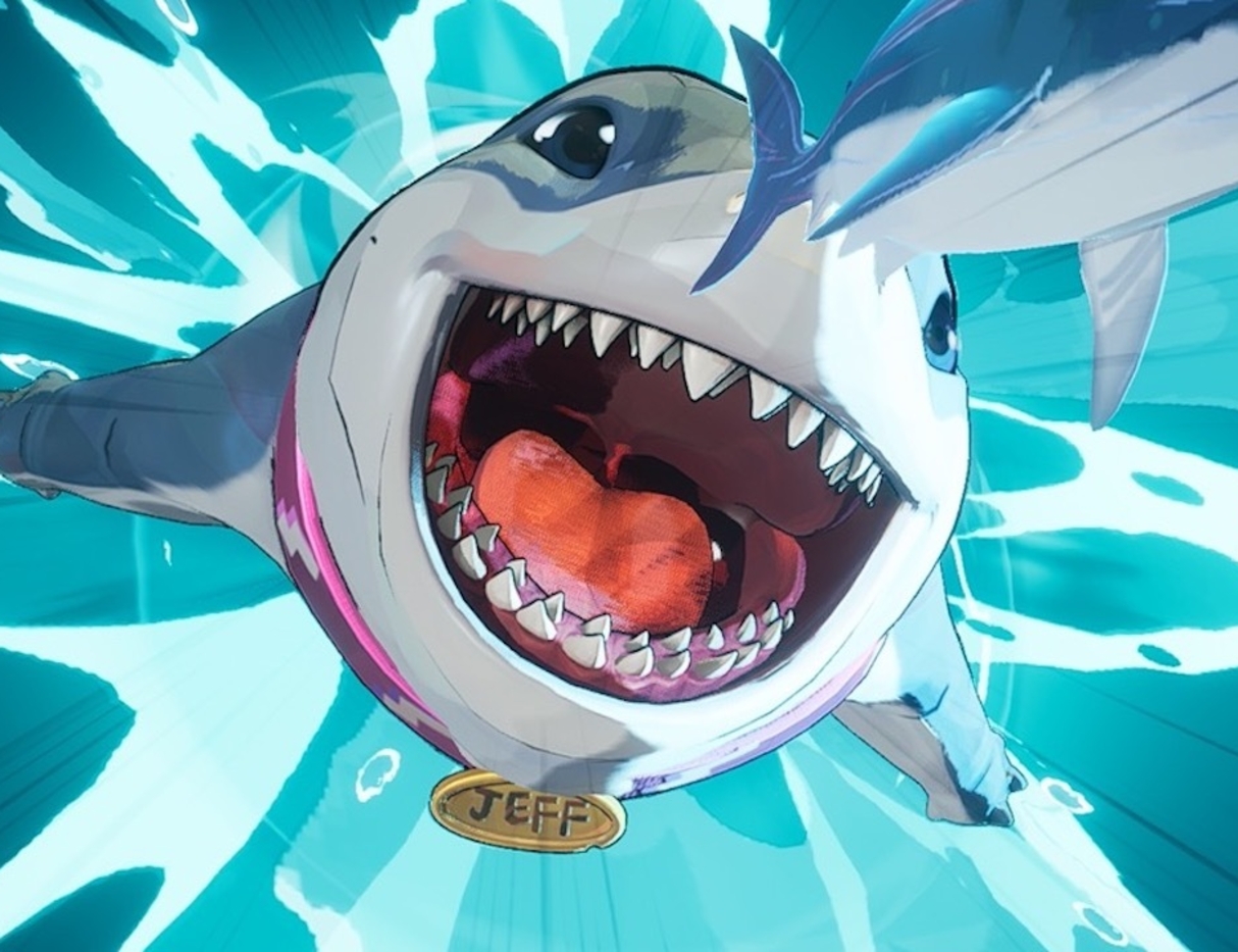 Jeff the Landshark jumping out of the water.
